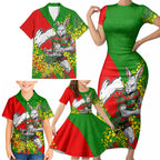 South Sydney Rabbitohs Family Matching Short Sleeve Bodycon Dress and Hawaiian Shirt Golden Wattle Floral Polynesian - Australian Flower - Rugby Mascot
