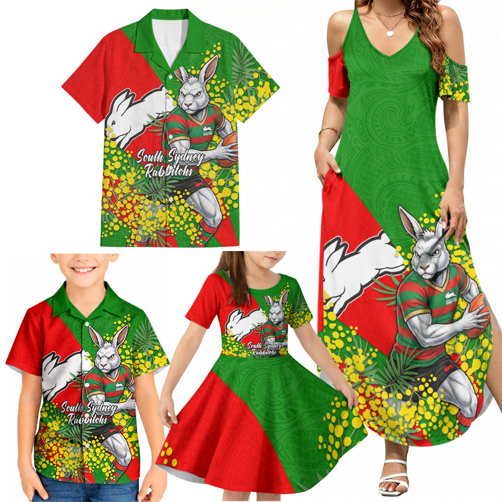 South Sydney Rabbitohs Family Matching Summer Maxi Dress and Hawaiian Shirt Golden Wattle Floral Polynesian - Australian Flower - Rugby Mascot