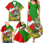 South Sydney Rabbitohs Family Matching Summer Maxi Dress and Hawaiian Shirt Golden Wattle Floral Polynesian - Australian Flower - Rugby Mascot