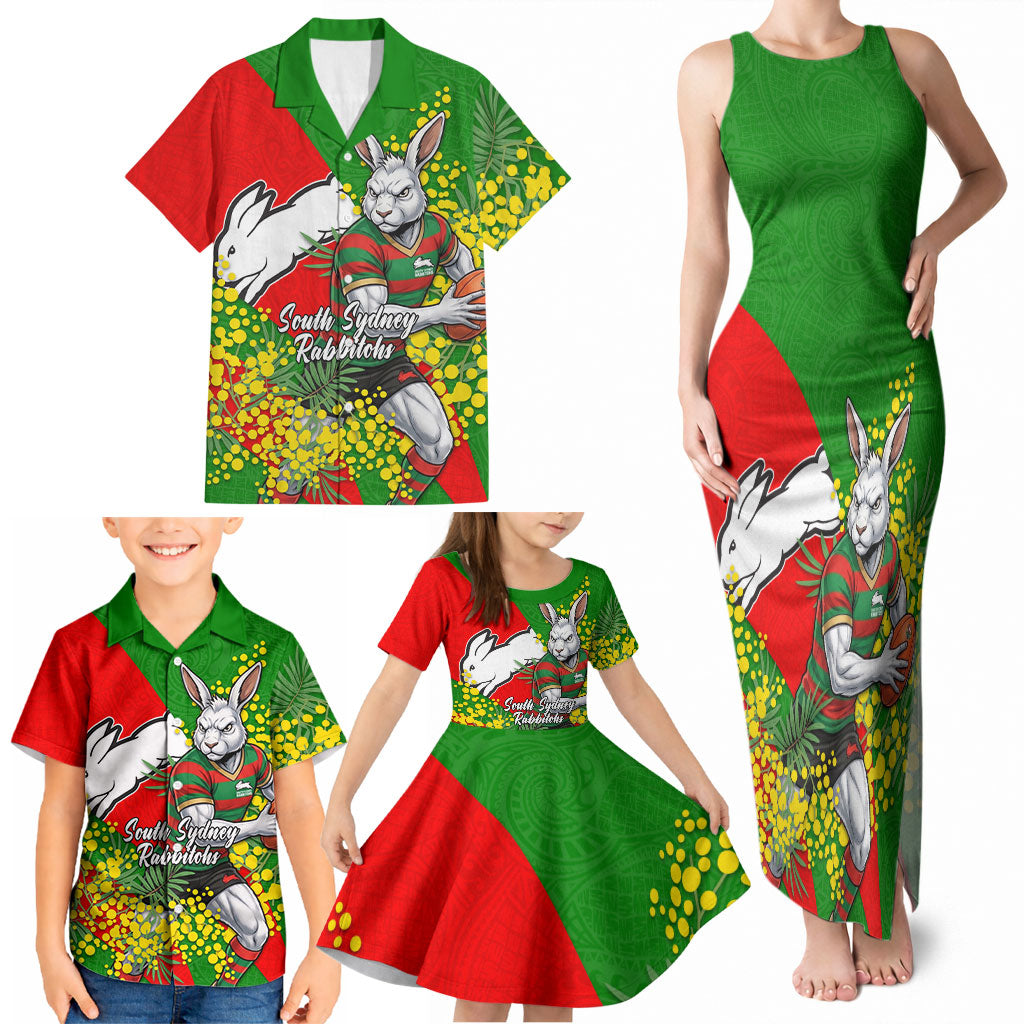South Sydney Rabbitohs Family Matching Tank Maxi Dress and Hawaiian Shirt Golden Wattle Floral Polynesian - Australian Flower - Rugby Mascot