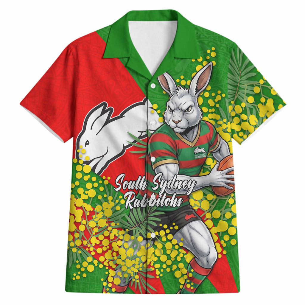 South Sydney Rabbitohs Hawaiian Shirt Golden Wattle Floral Polynesian - Australian Flower - Rugby Mascot
