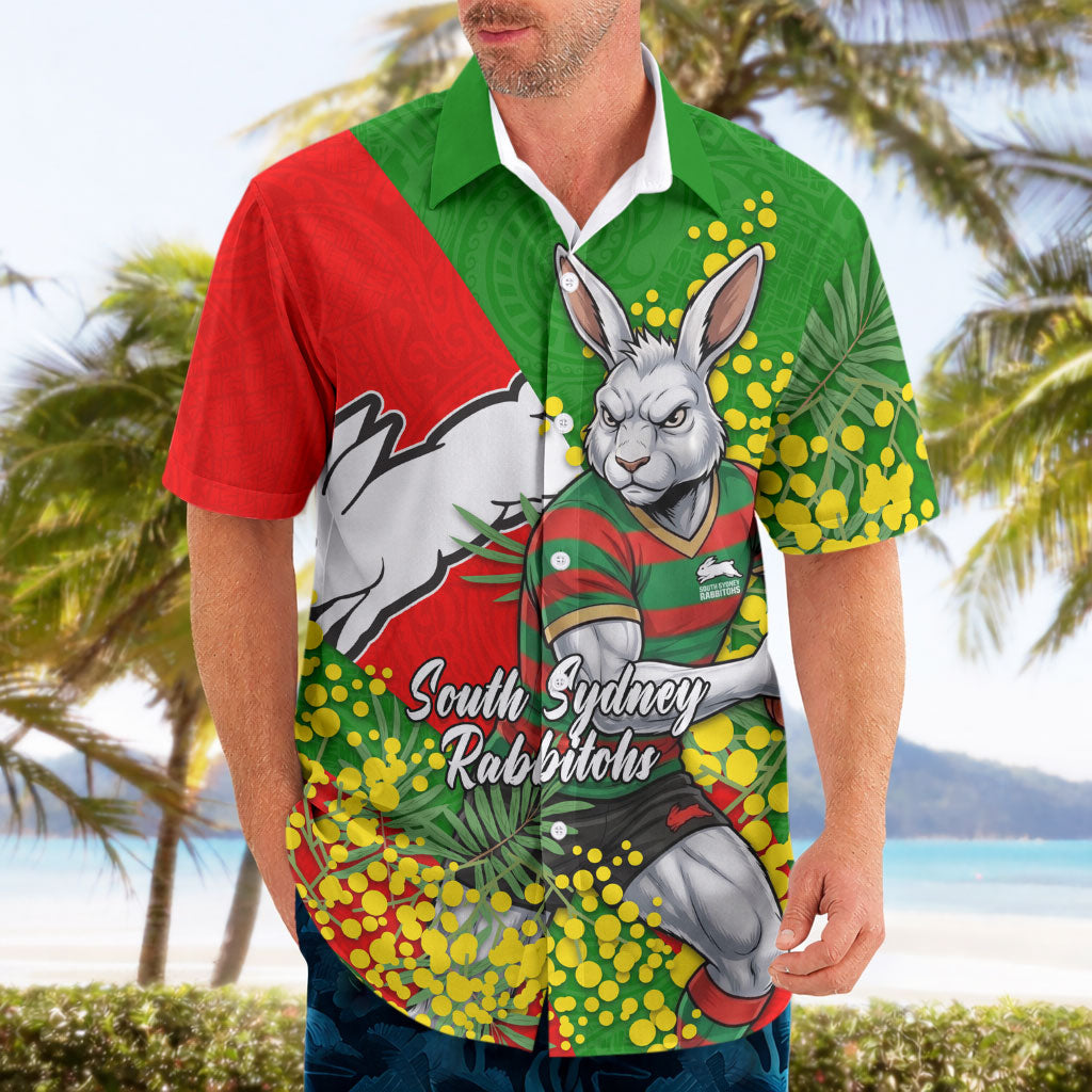 South Sydney Rabbitohs Hawaiian Shirt Golden Wattle Floral Polynesian - Australian Flower - Rugby Mascot