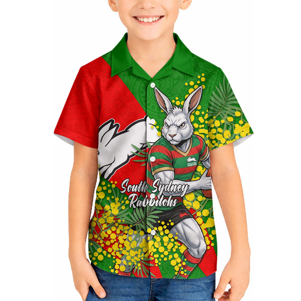 South Sydney Rabbitohs Hawaiian Shirt Golden Wattle Floral Polynesian - Australian Flower - Rugby Mascot
