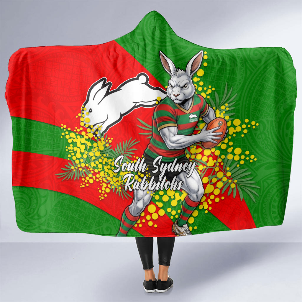 South Sydney Rabbitohs Hooded Blanket Golden Wattle Floral Polynesian - Australian Flower - Rugby Mascot