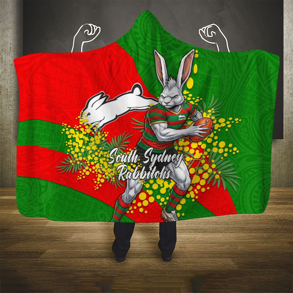 South Sydney Rabbitohs Hooded Blanket Golden Wattle Floral Polynesian - Australian Flower - Rugby Mascot