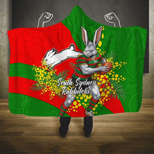 South Sydney Rabbitohs Hooded Blanket Golden Wattle Floral Polynesian - Australian Flower - Rugby Mascot