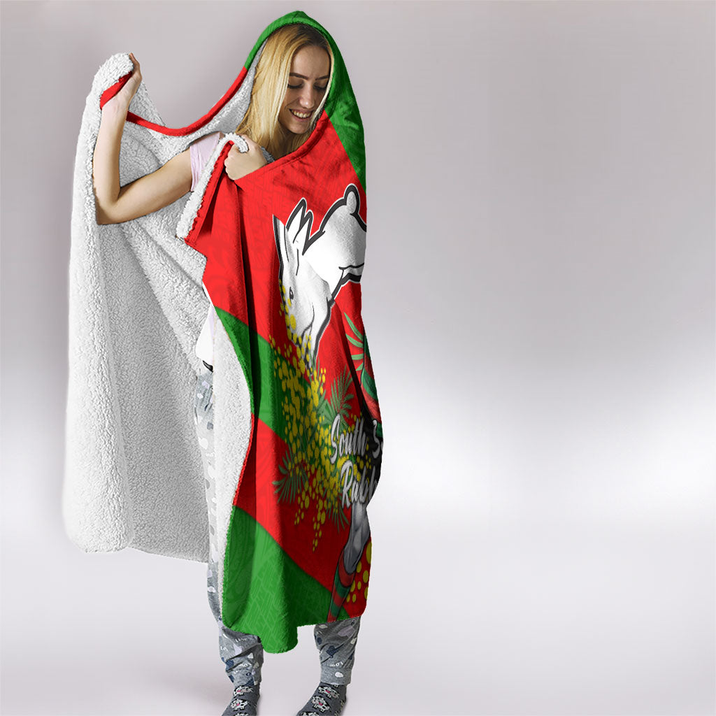 South Sydney Rabbitohs Hooded Blanket Golden Wattle Floral Polynesian - Australian Flower - Rugby Mascot