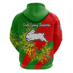 South Sydney Rabbitohs Hoodie Golden Wattle Floral Polynesian - Australian Flower - Rugby Mascot