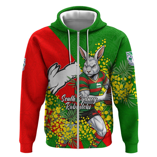 South Sydney Rabbitohs Hoodie Golden Wattle Floral Polynesian - Australian Flower - Rugby Mascot