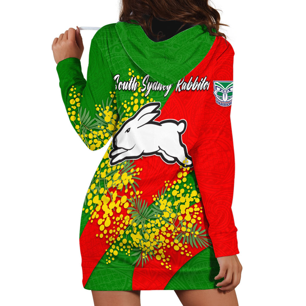 South Sydney Rabbitohs Hoodie Dress Golden Wattle Floral Polynesian - Australian Flower - Rugby Mascot