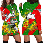 South Sydney Rabbitohs Hoodie Dress Golden Wattle Floral Polynesian - Australian Flower - Rugby Mascot