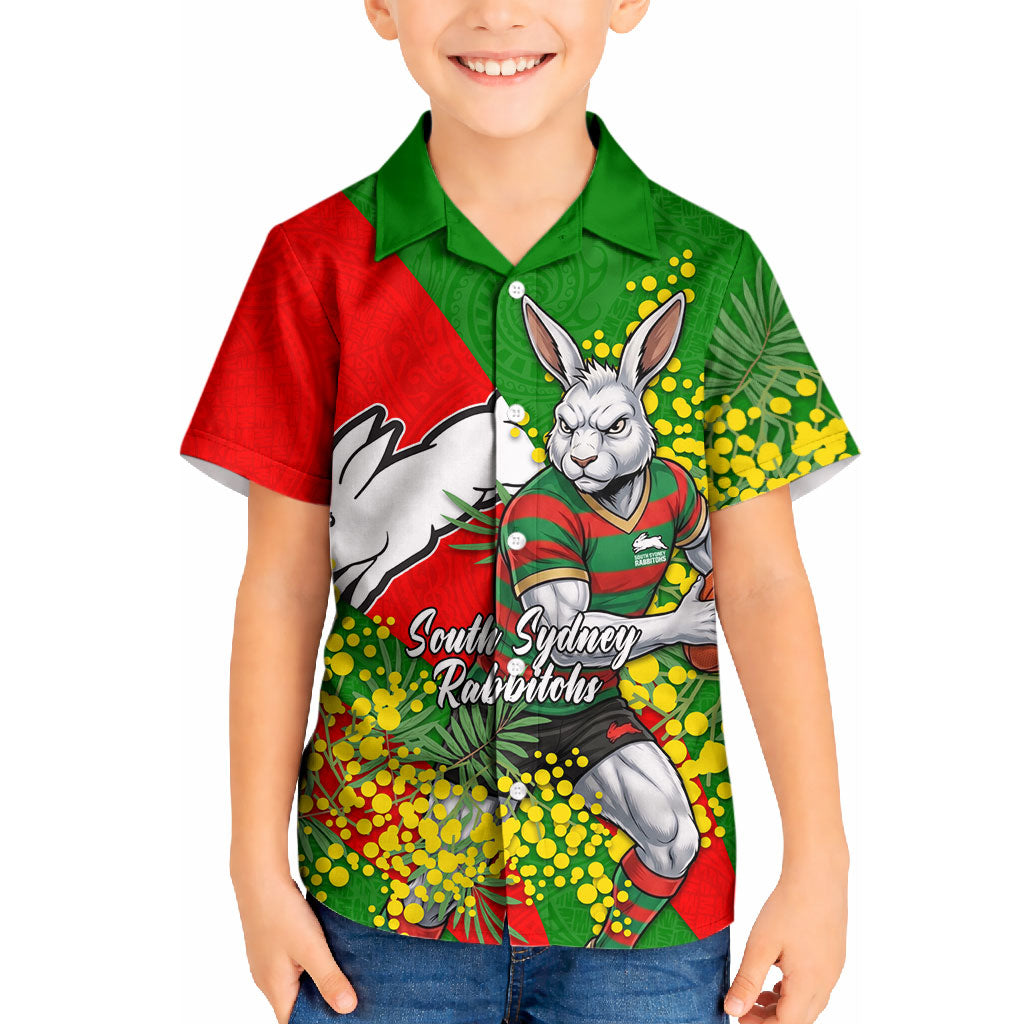 South Sydney Rabbitohs Kid Hawaiian Shirt Golden Wattle Floral Polynesian - Australian Flower - Rugby Mascot