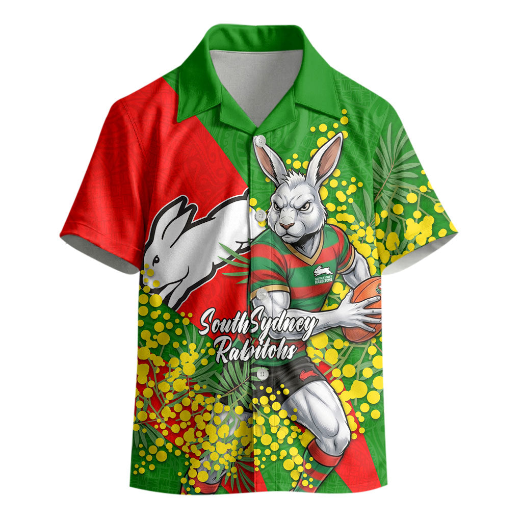 South Sydney Rabbitohs Kid Hawaiian Shirt Golden Wattle Floral Polynesian - Australian Flower - Rugby Mascot