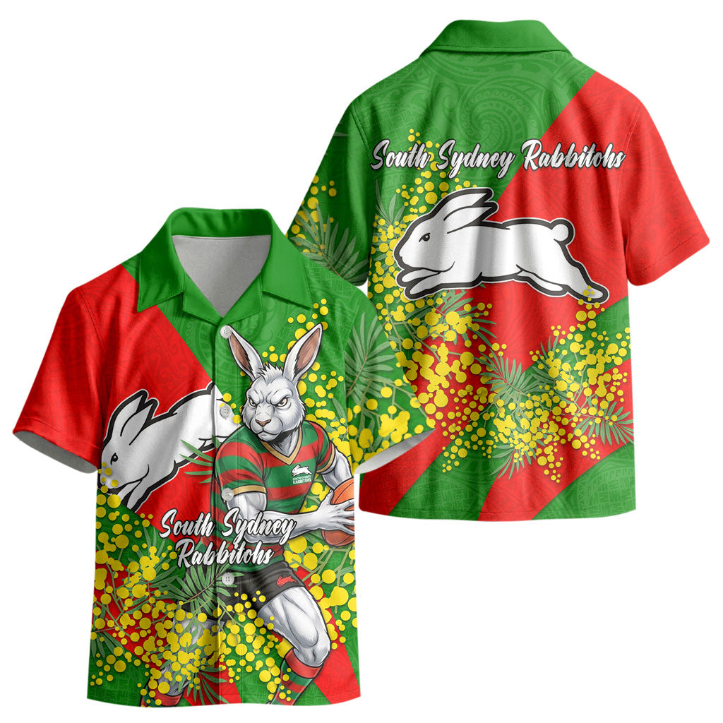 South Sydney Rabbitohs Kid Hawaiian Shirt Golden Wattle Floral Polynesian - Australian Flower - Rugby Mascot