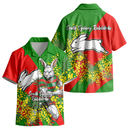 South Sydney Rabbitohs Kid Hawaiian Shirt Golden Wattle Floral Polynesian - Australian Flower - Rugby Mascot