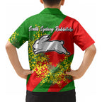 South Sydney Rabbitohs Kid Hawaiian Shirt Golden Wattle Floral Polynesian - Australian Flower - Rugby Mascot