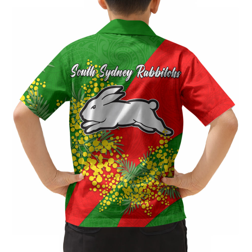 South Sydney Rabbitohs Kid Hawaiian Shirt Golden Wattle Floral Polynesian - Australian Flower - Rugby Mascot