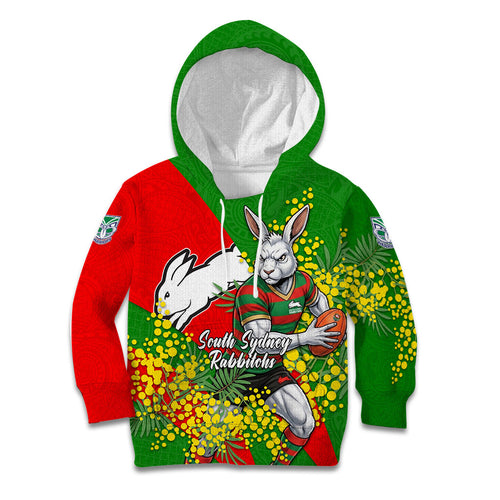 South Sydney Rabbitohs Kid Hoodie Golden Wattle Floral Polynesian - Australian Flower - Rugby Mascot