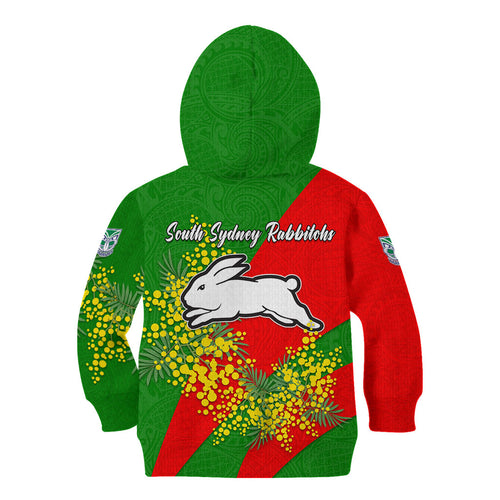 South Sydney Rabbitohs Kid Hoodie Golden Wattle Floral Polynesian - Australian Flower - Rugby Mascot