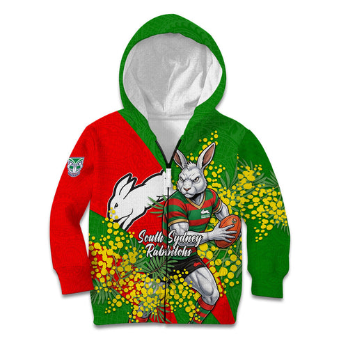 South Sydney Rabbitohs Kid Hoodie Golden Wattle Floral Polynesian - Australian Flower - Rugby Mascot