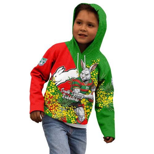 South Sydney Rabbitohs Kid Hoodie Golden Wattle Floral Polynesian - Australian Flower - Rugby Mascot