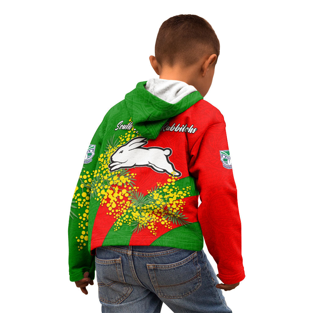 South Sydney Rabbitohs Kid Hoodie Golden Wattle Floral Polynesian - Australian Flower - Rugby Mascot