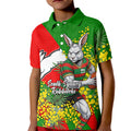 South Sydney Rabbitohs Kid Polo Shirt Golden Wattle Floral Polynesian - Australian Flower - Rugby Mascot