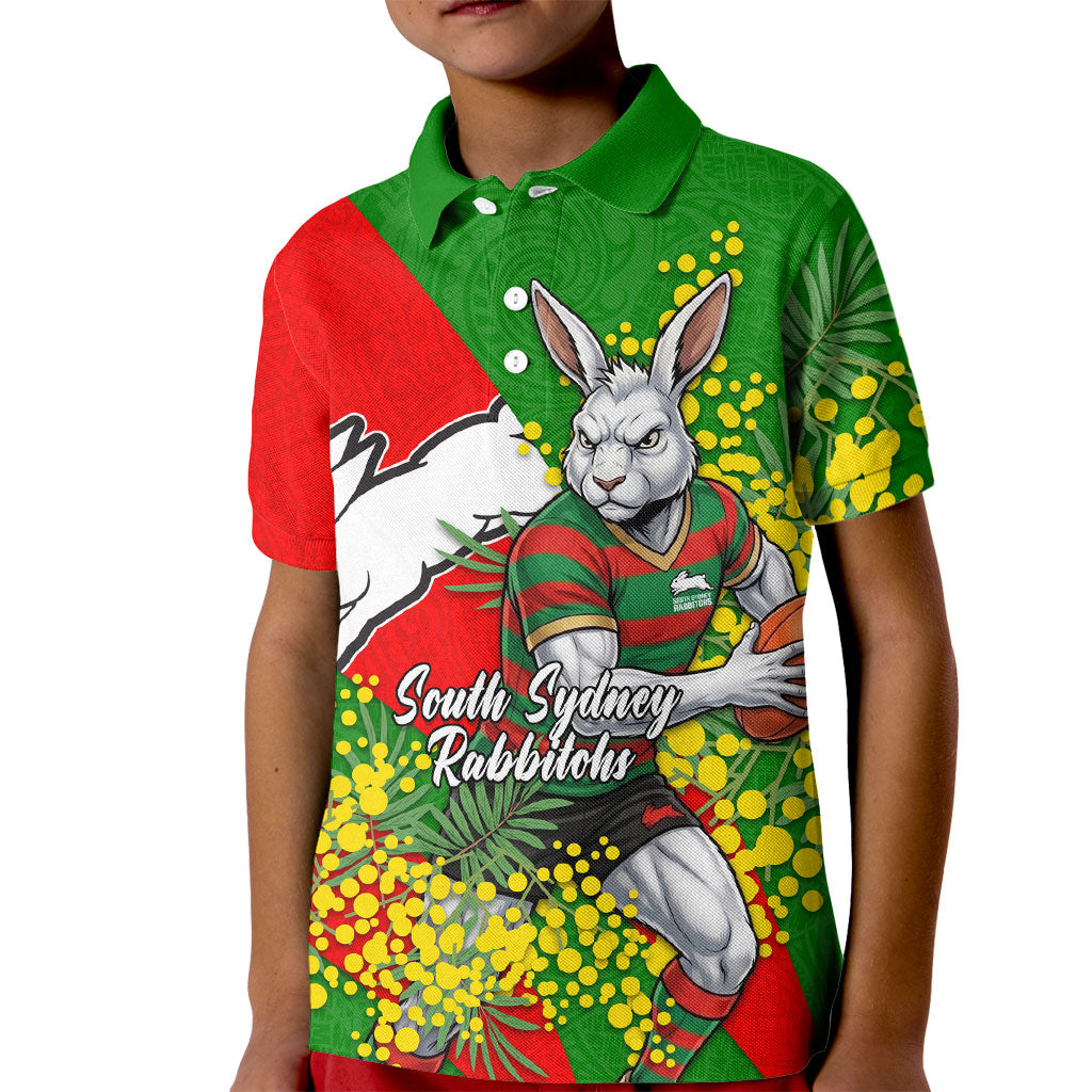 South Sydney Rabbitohs Kid Polo Shirt Golden Wattle Floral Polynesian - Australian Flower - Rugby Mascot