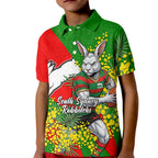 South Sydney Rabbitohs Kid Polo Shirt Golden Wattle Floral Polynesian - Australian Flower - Rugby Mascot