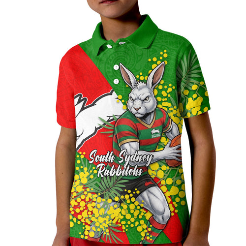 South Sydney Rabbitohs Kid Polo Shirt Golden Wattle Floral Polynesian - Australian Flower - Rugby Mascot