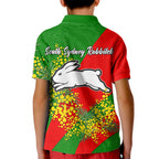 South Sydney Rabbitohs Kid Polo Shirt Golden Wattle Floral Polynesian - Australian Flower - Rugby Mascot