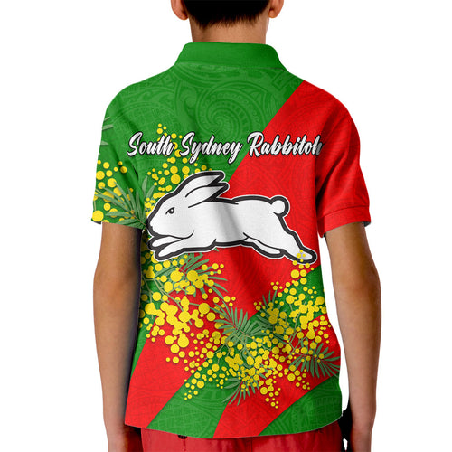 South Sydney Rabbitohs Kid Polo Shirt Golden Wattle Floral Polynesian - Australian Flower - Rugby Mascot