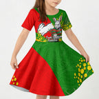South Sydney Rabbitohs Kid Short Sleeve Dress Golden Wattle Floral Polynesian - Australian Flower - Rugby Mascot