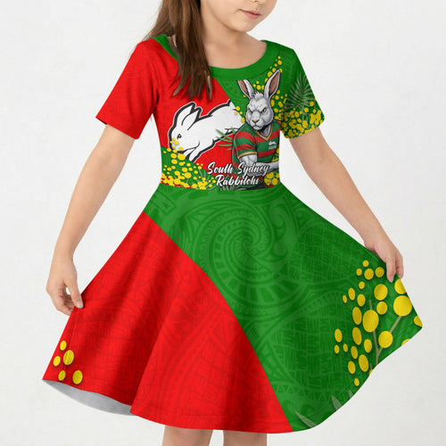 South Sydney Rabbitohs Kid Short Sleeve Dress Golden Wattle Floral Polynesian - Australian Flower - Rugby Mascot