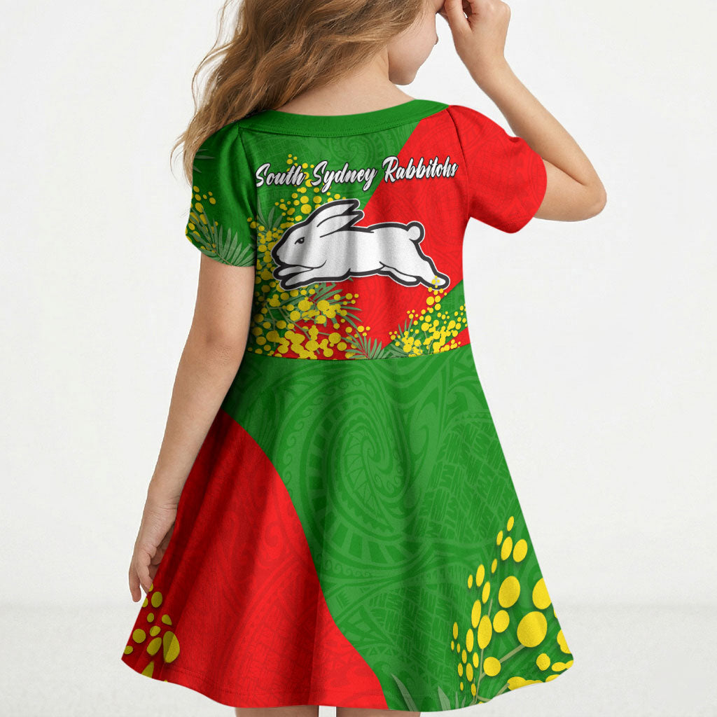 South Sydney Rabbitohs Kid Short Sleeve Dress Golden Wattle Floral Polynesian - Australian Flower - Rugby Mascot
