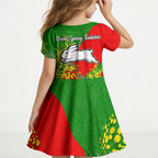 South Sydney Rabbitohs Kid Short Sleeve Dress Golden Wattle Floral Polynesian - Australian Flower - Rugby Mascot