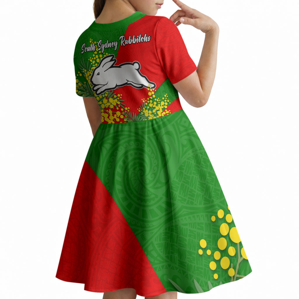 South Sydney Rabbitohs Kid Short Sleeve Dress Golden Wattle Floral Polynesian - Australian Flower - Rugby Mascot