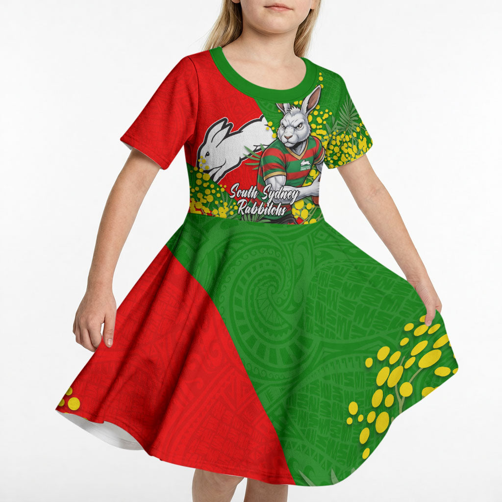 South Sydney Rabbitohs Kid Short Sleeve Dress Golden Wattle Floral Polynesian - Australian Flower - Rugby Mascot