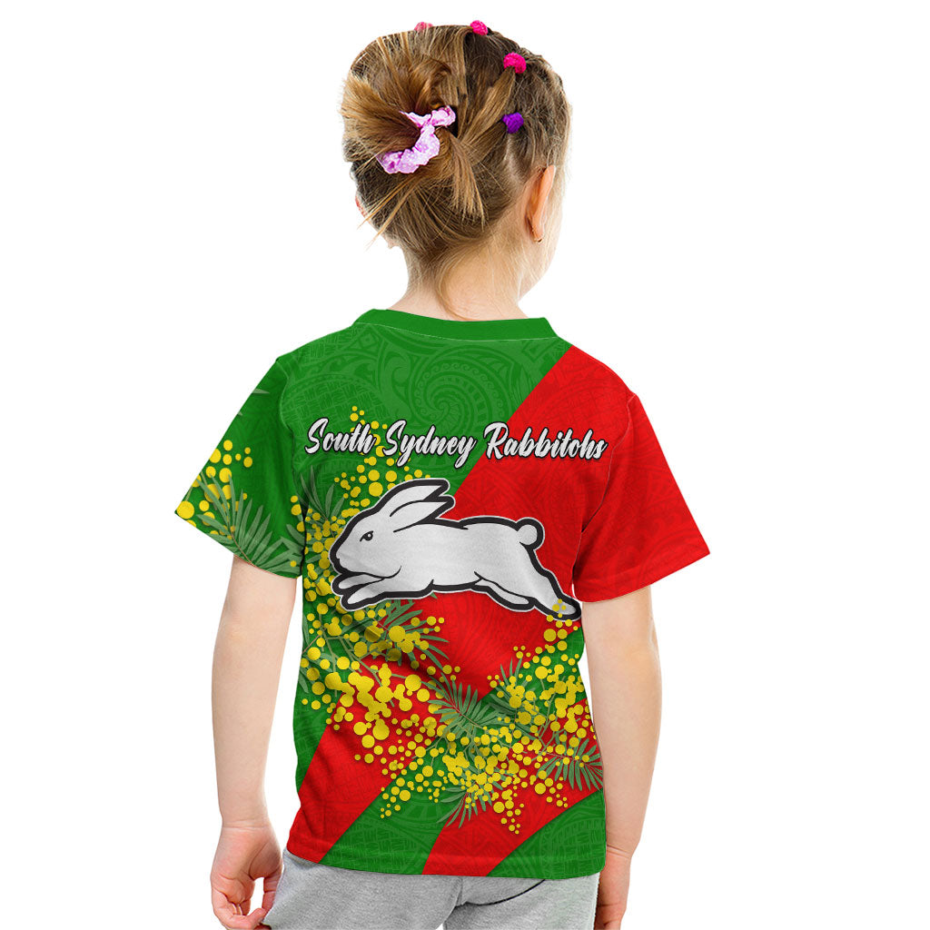 South Sydney Rabbitohs Kid T Shirt Golden Wattle Floral Polynesian - Australian Flower - Rugby Mascot