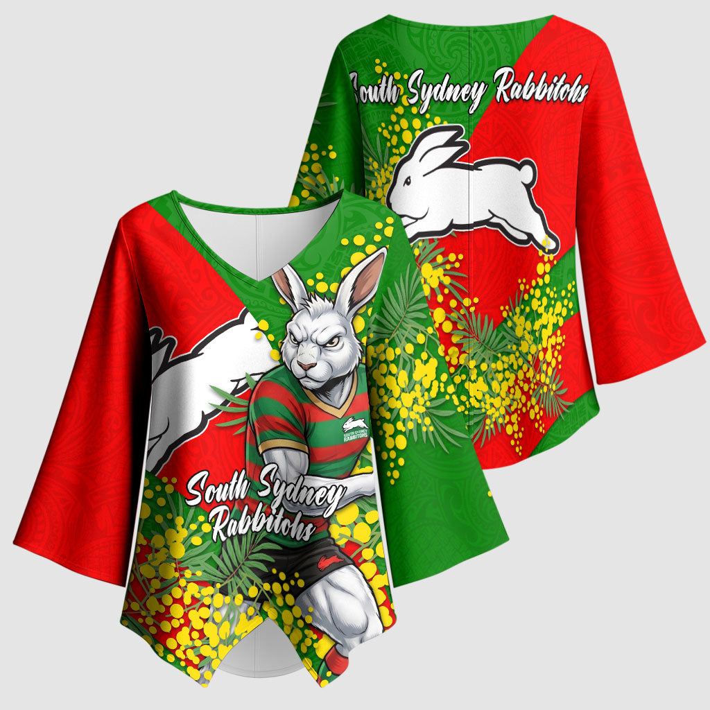 South Sydney Rabbitohs Kimono Sleeve Blouse Golden Wattle Floral Polynesian - Australian Flower - Rugby Mascot
