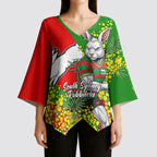South Sydney Rabbitohs Kimono Sleeve Blouse Golden Wattle Floral Polynesian - Australian Flower - Rugby Mascot