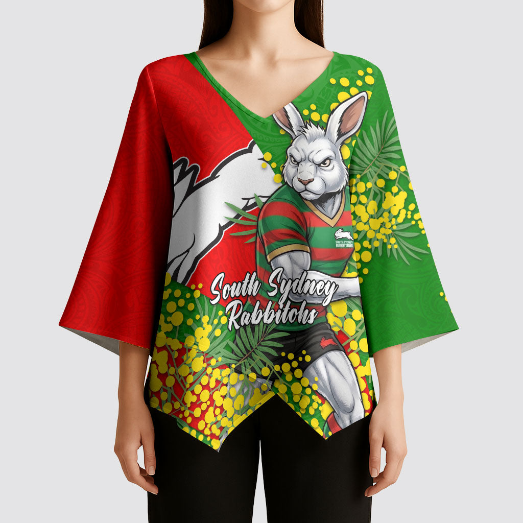 South Sydney Rabbitohs Kimono Sleeve Blouse Golden Wattle Floral Polynesian - Australian Flower - Rugby Mascot