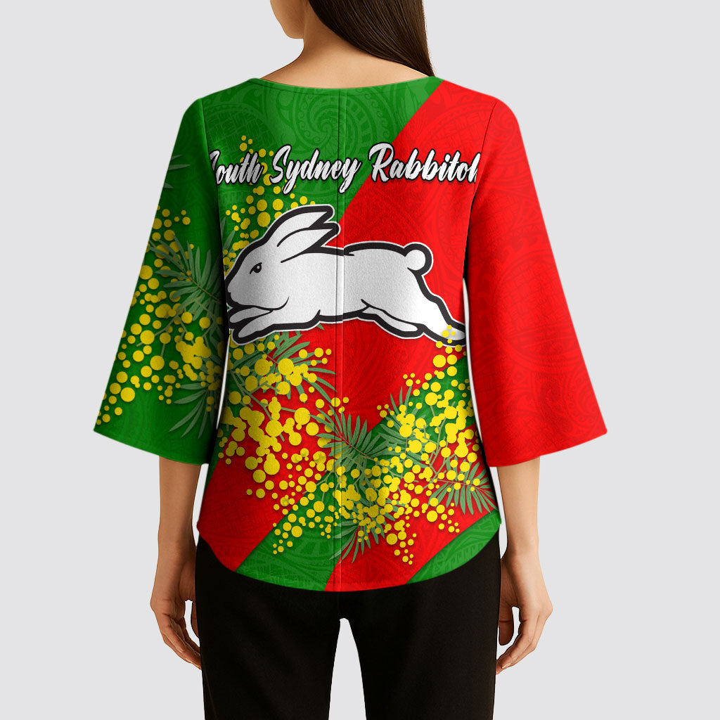 South Sydney Rabbitohs Kimono Sleeve Blouse Golden Wattle Floral Polynesian - Australian Flower - Rugby Mascot