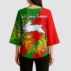South Sydney Rabbitohs Kimono Sleeve Blouse Golden Wattle Floral Polynesian - Australian Flower - Rugby Mascot