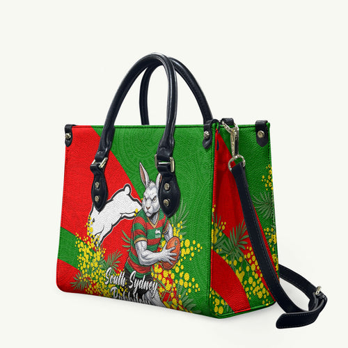 South Sydney Rabbitohs Leather Bag Golden Wattle Floral Polynesian - Australian Flower - Rugby Mascot