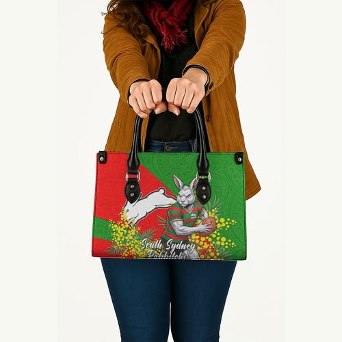 South Sydney Rabbitohs Leather Bag Golden Wattle Floral Polynesian - Australian Flower - Rugby Mascot