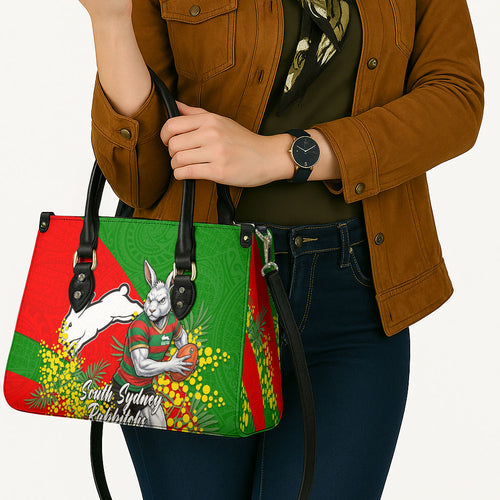 South Sydney Rabbitohs Leather Bag Golden Wattle Floral Polynesian - Australian Flower - Rugby Mascot