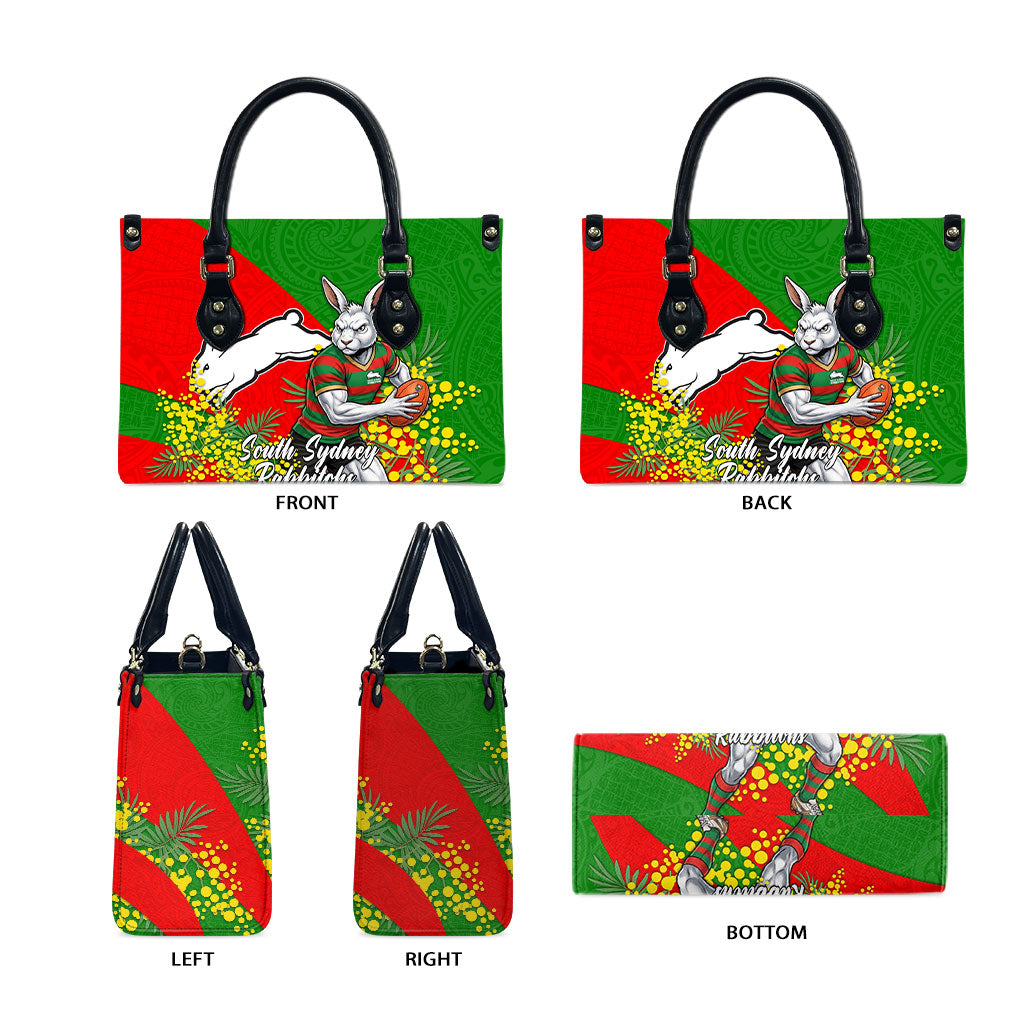 South Sydney Rabbitohs Leather Bag Golden Wattle Floral Polynesian - Australian Flower - Rugby Mascot