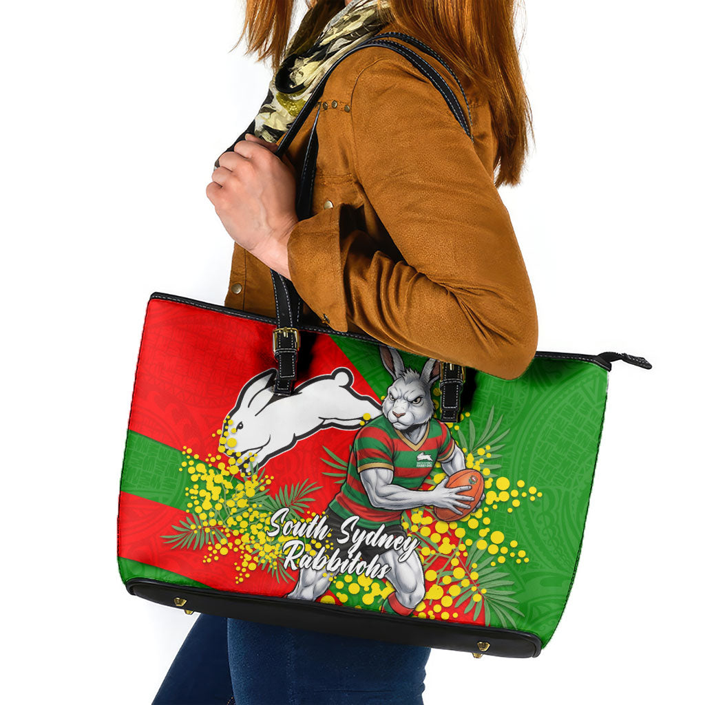 South Sydney Rabbitohs Leather Tote Bag Golden Wattle Floral Polynesian - Australian Flower - Rugby Mascot