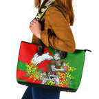 South Sydney Rabbitohs Leather Tote Bag Golden Wattle Floral Polynesian - Australian Flower - Rugby Mascot